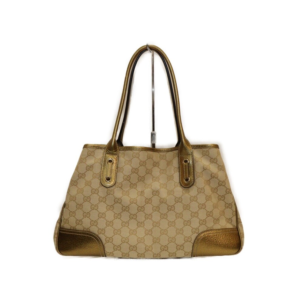 Gucci Beige Bag leather gold canvas ribbon GG Tan classic handbag Princess Tote
